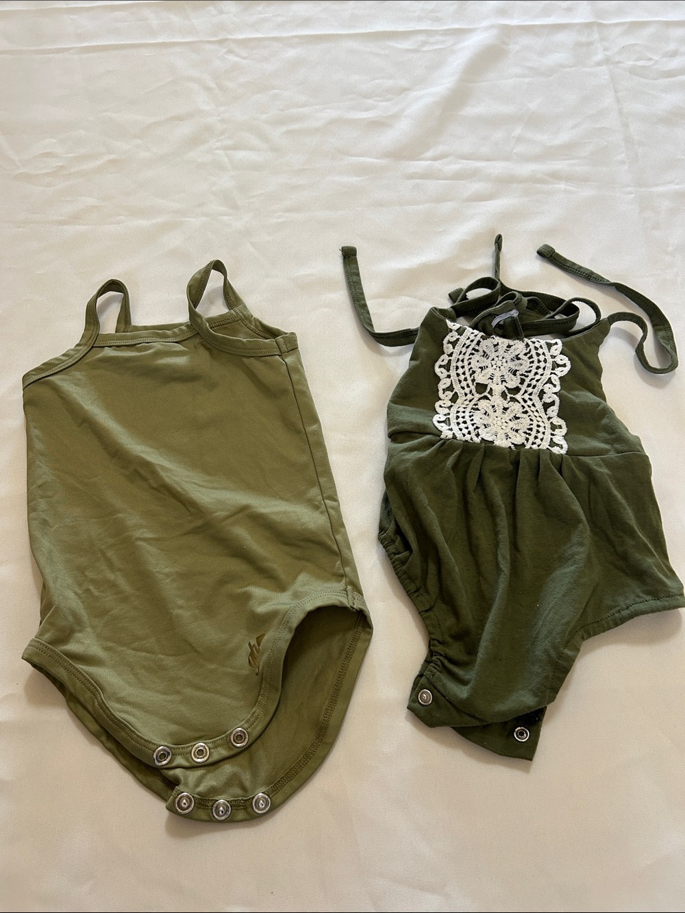 Olive Green Kids Sleeveless One-Piece Bodysuit with Lace Panel